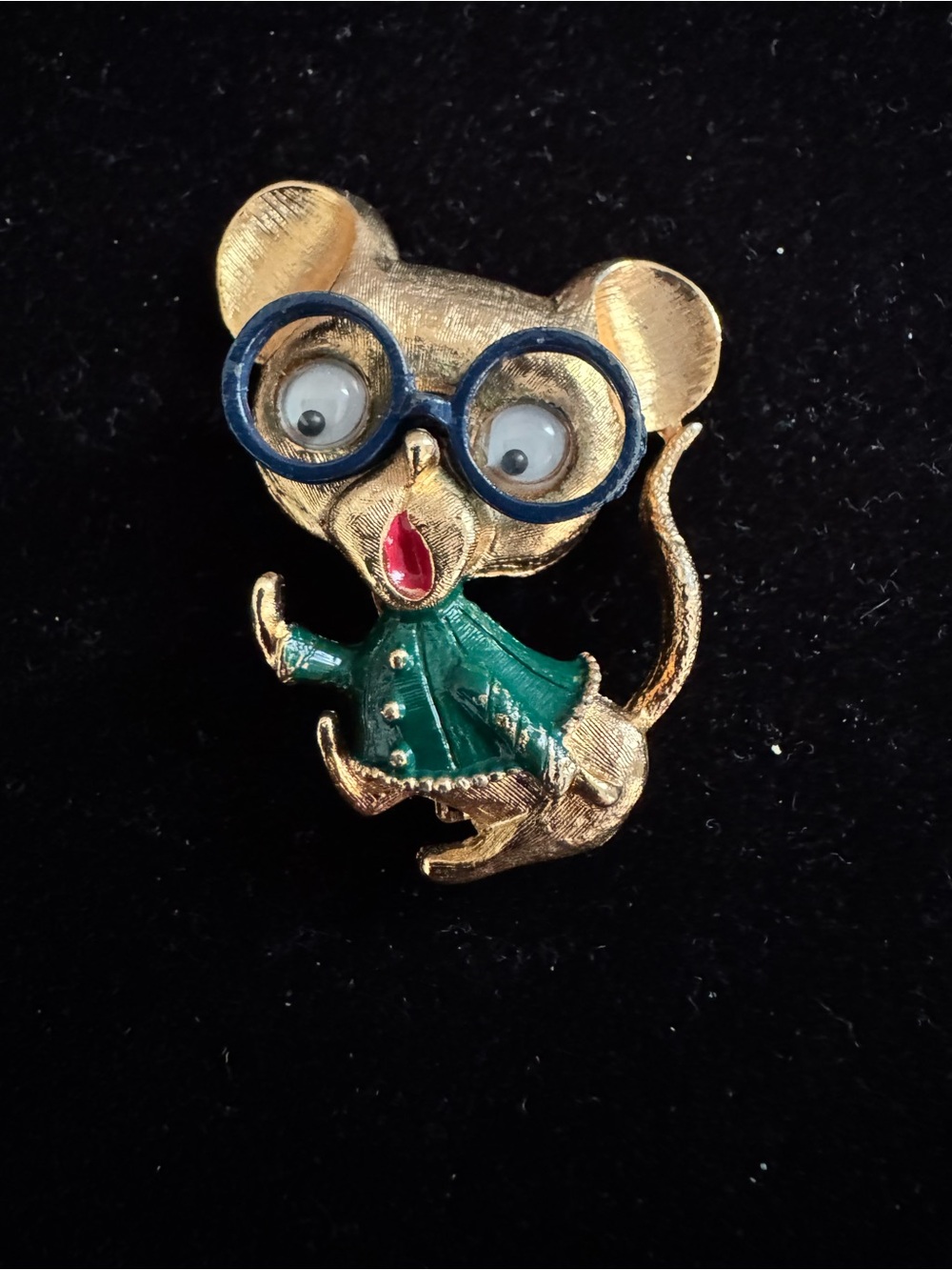Jonette Jewelry (JJ) Rare Vintage Mouse Brooch with Blue Glasses and Green Coat